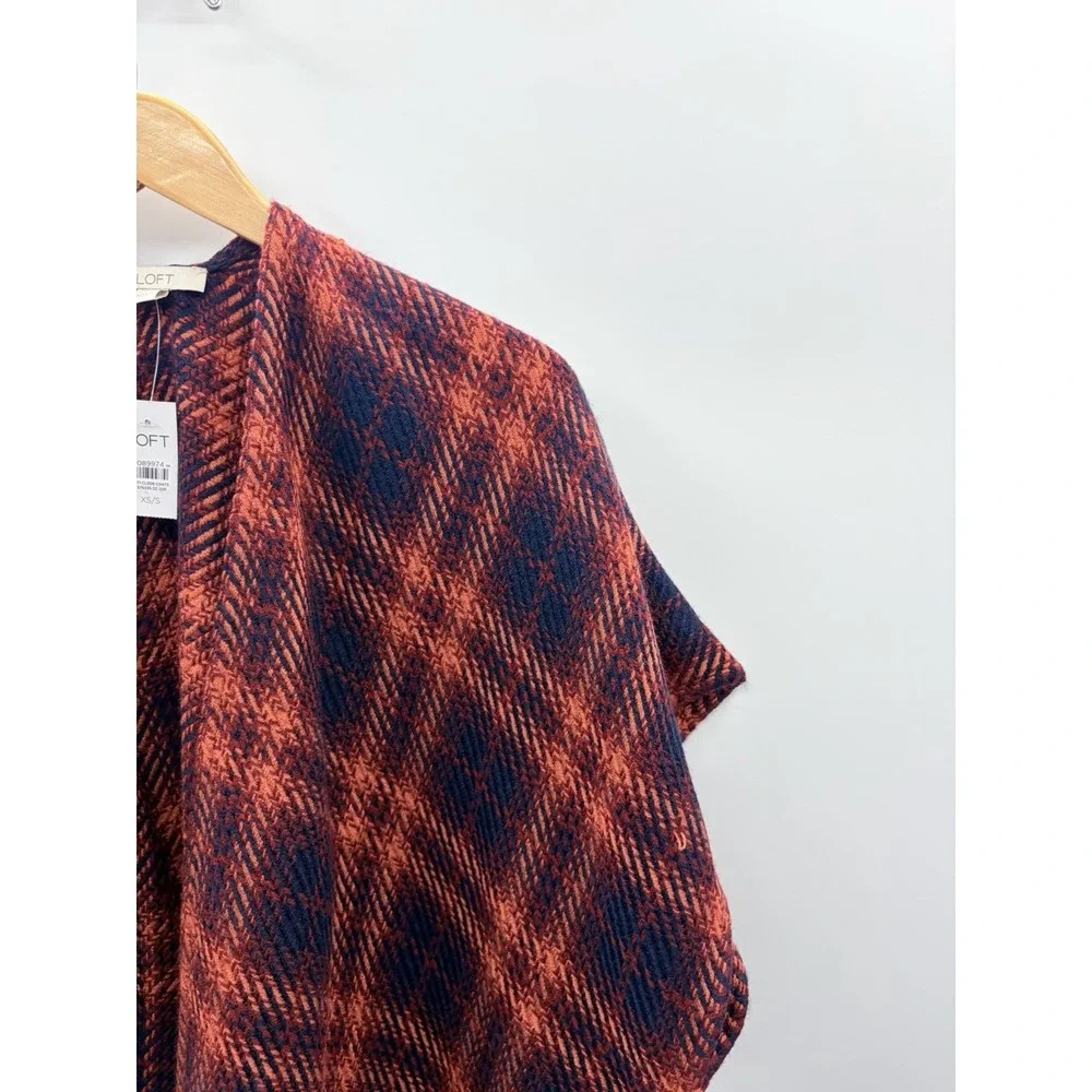 Ann Taylor LOFT Womens Size XS/S Oversized Cozy Modern Plaid Wrap Sweater Blue